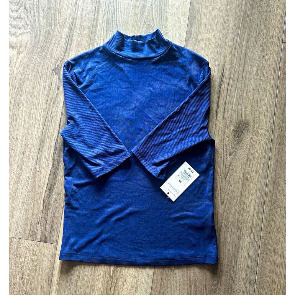 A New Day Women's XS Blue Ribbed Knit Mock Neck Stretch 3/4 Sleeve Top